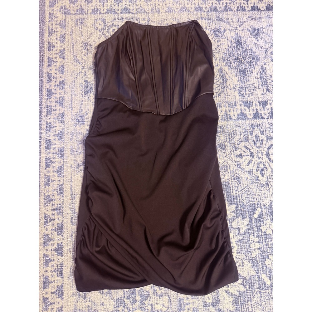SHEIN Black Faux Leather Corset Ruched Bodycon Dress Womens Size M Strapless